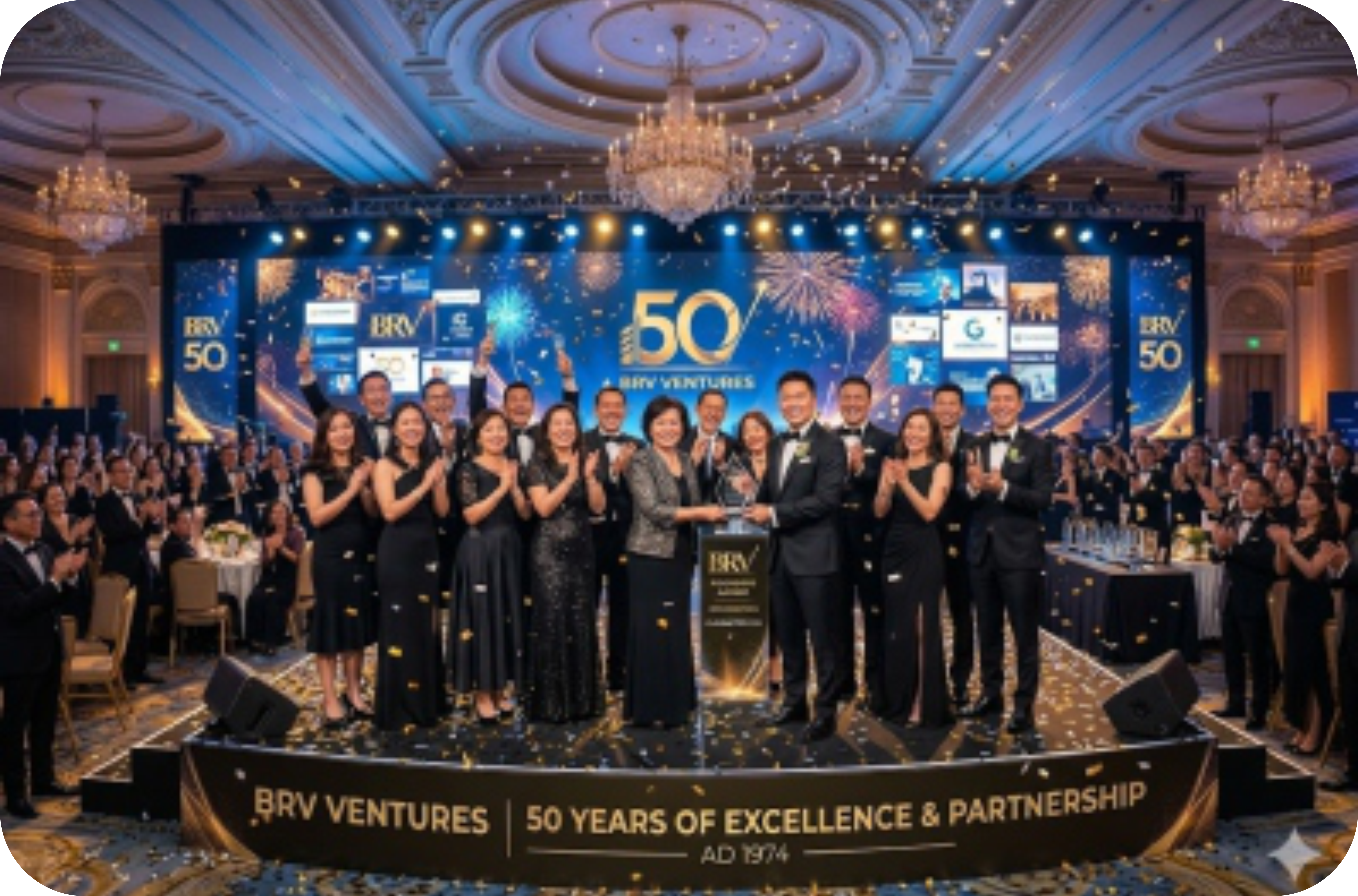 Premium corporate event production with stage lighting audience seating and hospitality setup